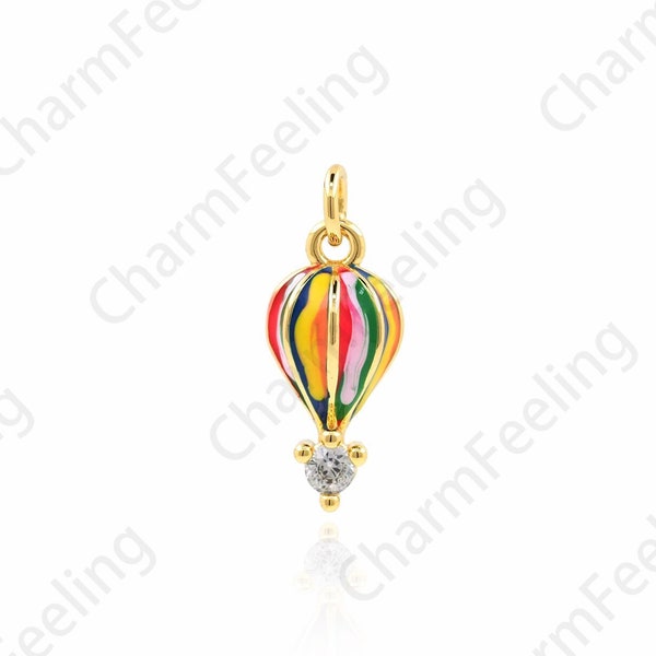 Pendentif de montgolfière rempli d’or 18K, collier de montgolfière en émail, pendentif volant, pendentif de voyage Micropave CZ, charme en émail, 17x6.5x3.7mm