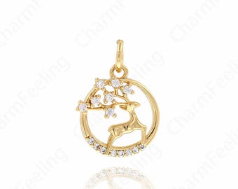 18K Gold Filled Reindeer Pendant,MicroPave CZ Round Deer Pendant, Fawn Necklace, Christmas Collection, Animal Charm 16.5x13x2.6mm