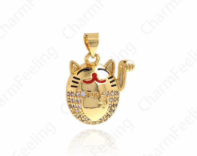 Cute Jewelry, 18K Gold Filled Cat Pendant, Micropavé CZ Cat Necklace, Animal Pendant, Animal Charm, DIY Jewelry Accessories, 22.5x16.8x5mm