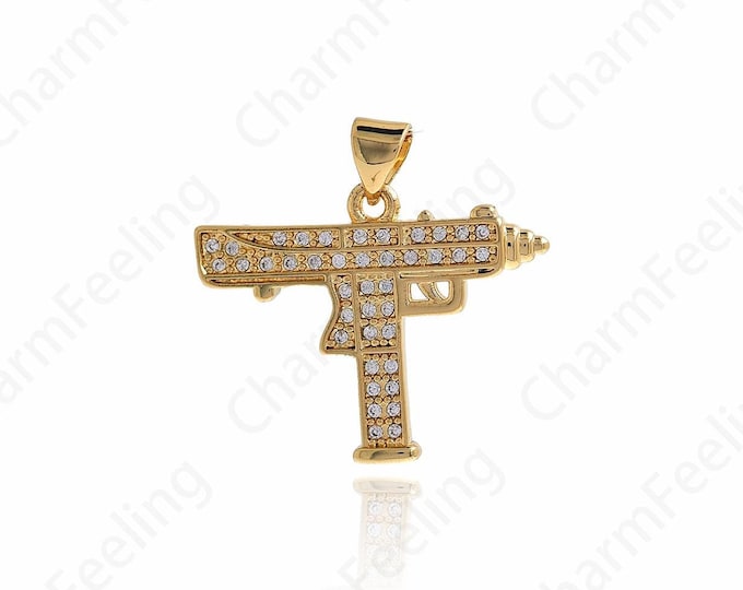 Rifle Charm Heavy 18K Gold Filled Gun Charm,Micropavé CZ Gun Pendant, Weapon Charm,DIY Jewelry Supplies,24.3x25.2x2.5mm