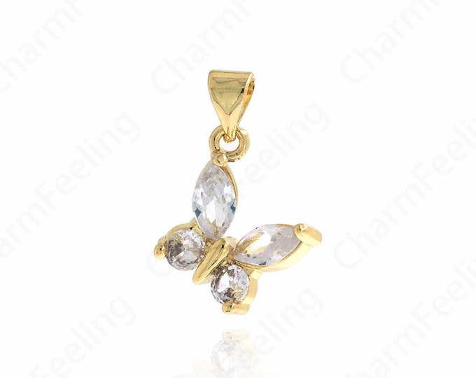 18K Filled Gold Butterfly Pendant, MicroPave CZ Butterfly, Butterfly Charm, Animal Charm, Necklace Earring Component Supplies 21x13x4mm