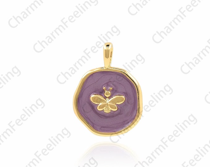 18K Gold Filled Bee Pendant, Enamel Bee Necklace, Bee Charm, Round Coin Pendant, Coin Charm, Insect Charm, 18x13.5x2.5mm