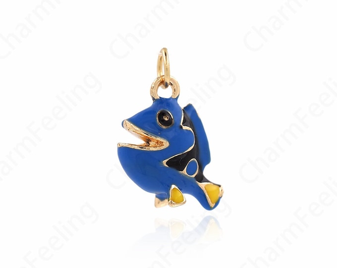 Tropical Fish Pendant, 18K Gold Filled Enamel Fish Pendant, Micropavé CZ Fish Necklace, Marine Life Jewelry, Fish Jewelry, 18x16x5.5mm
