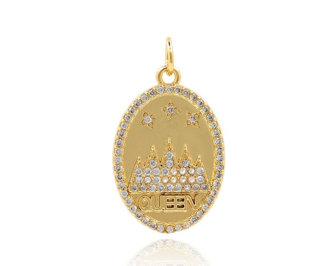Queen Pendant, Micropavé CZ Oval Necklace, 18K Gold Filled Crown Charm, Crown Pendant, DIY Jewelry Supplies, 25.5x15x2mm