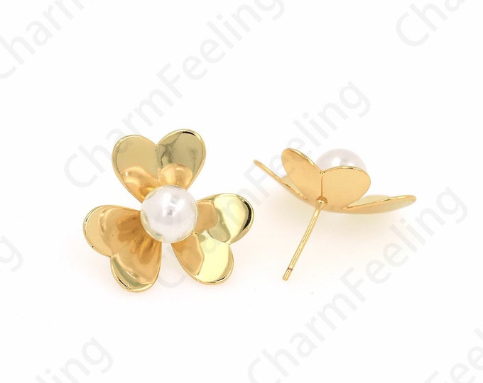 Pearl Flower Earrings,Pearl Earrings,Fashion Earrings,Gift For Her,Gold Flower Hoops,18K Gold Filled Pierced Earrings,DIY Jewelry Supplies