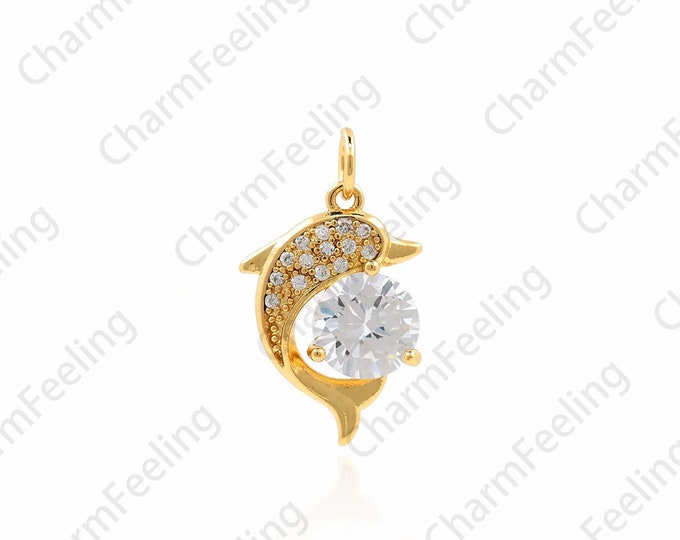 Dolphin Pendant, 18K Gold Filled Marine Life Necklace, Micropavé CZ Dolphin Charm, Marine Life Charm, DIY Jewelry Accessories, 22x14x4mm