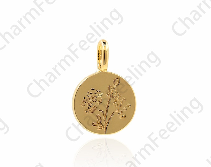 18K Gold Filled Round Pendant, Flower Charm, Plant Pendant, Plant Charm, Carved Necklace, DIY Jewelry Accessories, 18x12x1.5mm