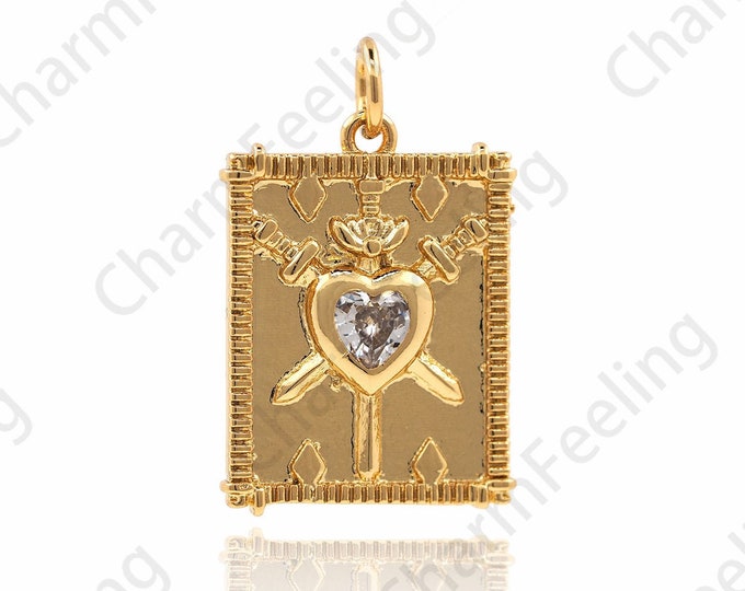 18K Gold Filled Weapons Tarot Necklace, Micropavé CZ Square Inlaid Heart Pendant, Tarot Sword Pendant, Rectangular Tarot Charm 24x15x1.7mm