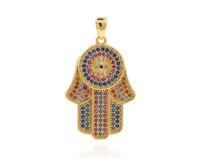 Micropavé CZ Hamsa Necklace, 18K Gold Filled Hand-Eye Necklace,  Hamsa Pendant, Eye Pendant,DIY Jewelry Accessories,32x18.5x2mm