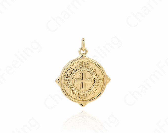 18K Gold Filled Christian Charm,Cross charm, Coin Charm,Round Cross Pendant, Cross Necklace, DIY Jewelry Accessories, 26.5x21x2mm