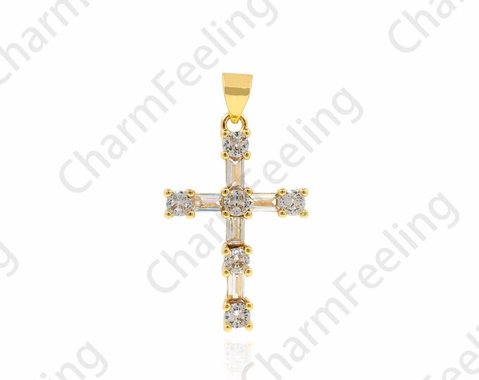 18K Gold Filled Cross Pendant,Christian Charm,Micropavé CZ Cross Necklace,Cross Charm,Religious Charm,DIY Jewelry Accessories,30x17x4mm