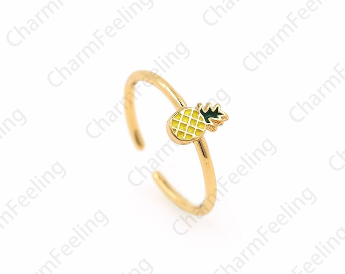18K Gold Filled Pineapple Enamel Ring, Enamel Charm, Pineapple Charm, Enamel Multicolor Ring, Golden Open Ring, Adjustable Ring, Signet Ring