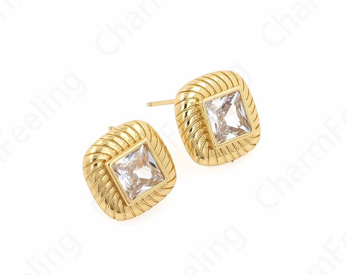 1 Pair,Micropavé CZ Exquisite Earrings,Square Earrings,Crystal Earrings,18K Gold Filled Rectangular Rhinestone Earrings,14.2x14.2x4mm