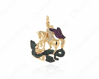 Encanto de unicornio lleno de oro de 18 quilates, colgante de unicornio Micropavé CZ, collar de caballo, encanto animal, suministros de joyería DIY, 35.5x29.5x4.5mm