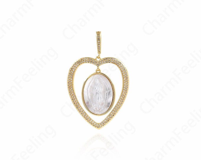 18K Gold Filled Heart-shaped Maria Necklace, Virgin Mary Charm, Micropavé CZ Catholic Necklace, DIY Jewelry Accessories, 49x31x3mm