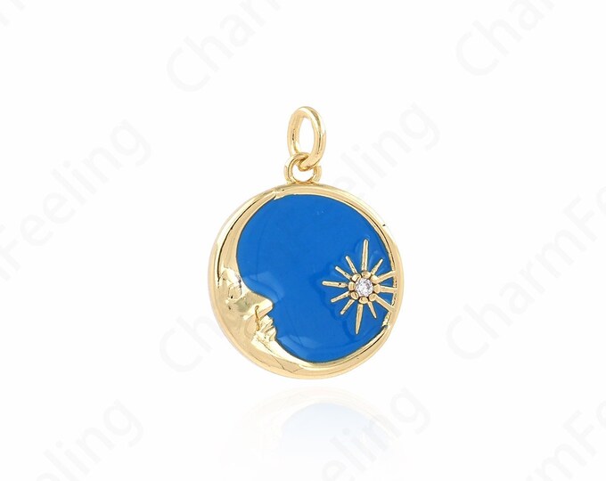 Black Enamel Necklace, Crescent Charm, 18K Gold Filled Round Pendant, Moon Pendant, Sun Pendant, Star Charm, 20.3x15.3x3mm
