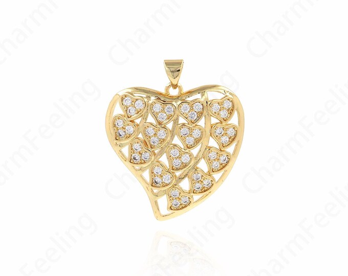 Heart Charm, Love Necklace, 18K Gold Filled Heart Pendant, Micropavé CZ Heart Necklace, DIY Jewelry Accessories 34x30x4mm