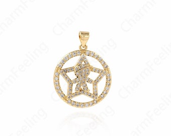Pentagramm Anhänger, 18K Gold Filled Polaris Halskette,Micropavé CZ Disc Anhänger,Polaris Kleiner Schmuck,DIY Schmuck Zubehör 28x22x4.5mm