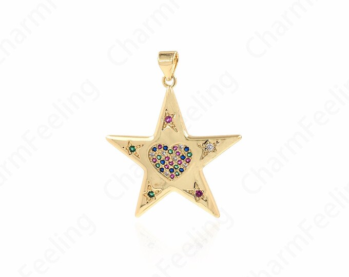 Heart Pendant, Pentagram Charm, 18K Gold Filled Dainty Necklace, Micropavé CZ Love Charm, Gift For Her, DIY Jewelry Supplies, 34.5x27x2.5mm
