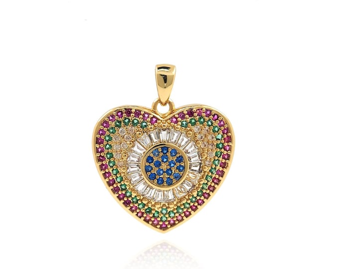 18K Gold Filled Love Pendant, Heart Pendant, Eye Necklace, Devil's Eye Pendant, Lucky Eye Charm, DIY Jewelry Accessories,22.7x19.5x3.5mm
