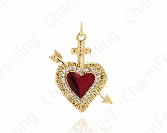 Arrow Necklace,18K Gold Filled Sports Necklace,Arrow Charm,Heart Pendant,Micropavé CZ Heart Pendant,DIY Jewelry Supplies,31x24x2.5mm