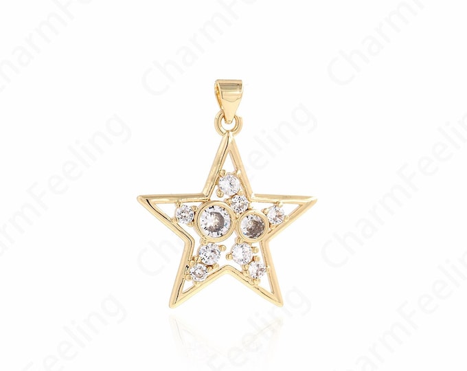 Micropavé CZ Star Charm, Celestial Charm, Pentagram Pendant, Dainty Pendant, 18K Gold Filled Star Jewelry, DIY Jewelry Supplies, 32x24.5x3mm