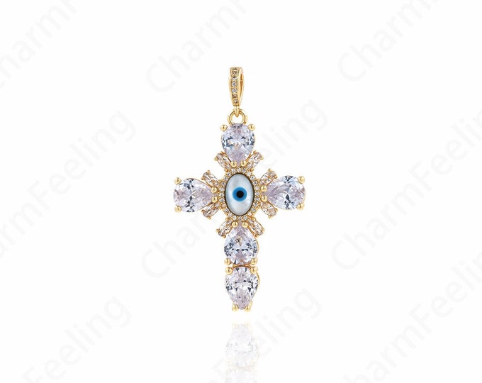 Cross Necklace,Lucky Eye Charm, Eye Charm, Exquisite Cross Charm, 18K Gold Filled Eye Pendant, DIY Jewelry Accessories, 50x27x6mm