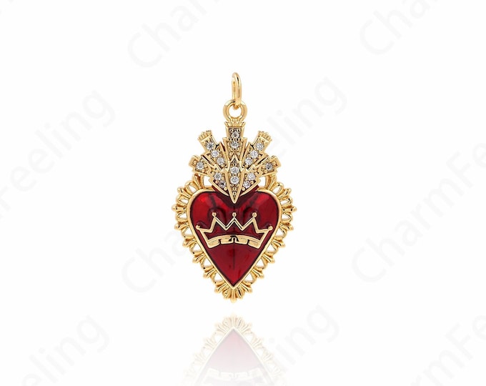 18K Gold Filled Love Charm, Micropavé CZ Enamel Heart Pendant, Crown Heart Charm, Crown Necklace, DIY Jewelry Supplies, 31x16.5x3.5mm