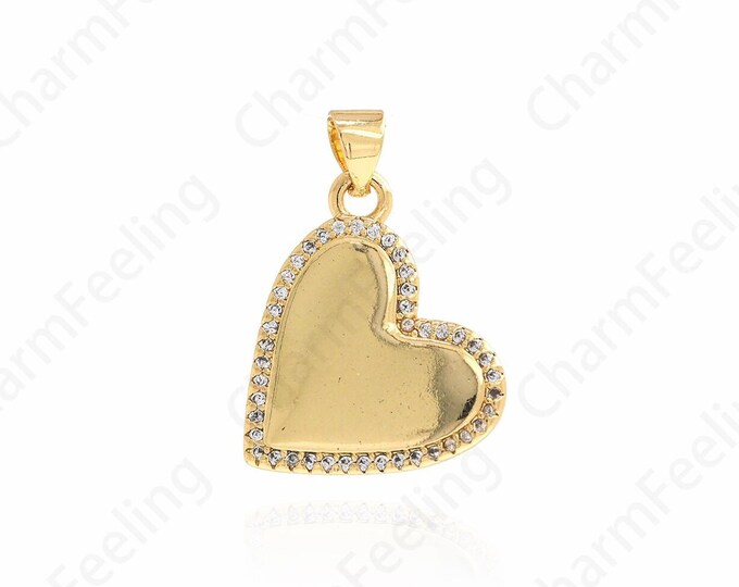 18K Gold Filled Heart Pendant Micropavé CZ Textured Heart Metallic Heart Gold Heart Bracelet Necklace DIY Jewelry Supplies, 24x16.7x2.4mm