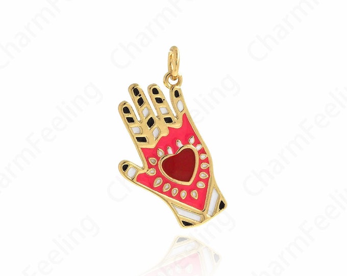 18K Gold Filled Palm Pendant, Enamel Pendant, Enamel Charm, Love Palm Charm, DIY Jewelry Accessories, 22.5x13x1.5mm