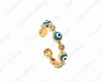 18K Gold Filled Adjustable Ring, Enamel Eye Ring,Eye Charm, Gold Open Ring, Stackable Ring, Micropavé CZ Eye Ring, Enamel Eye