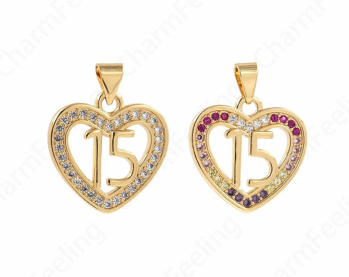 18K Gold Filled Heart Charm, Heart Pendant, Micropavé CZ Number 15 Pendant,Love Charm, DIY Jewelry Accessories, 29x35.5x3.5mm