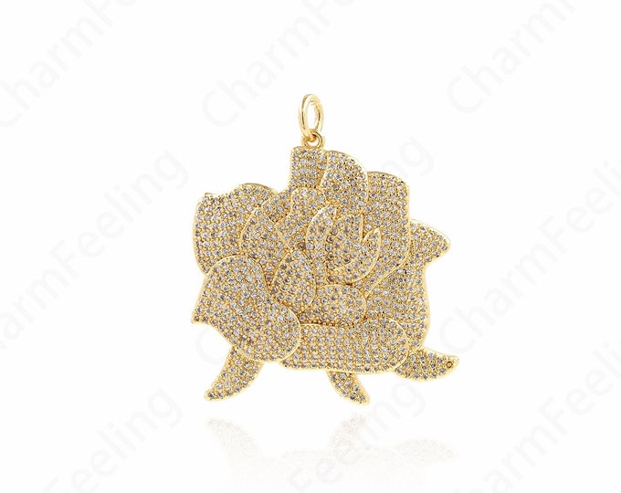 Micropavé CZ Flower Pendant, 18K Gold Filled Lotus Charm, Lotus Necklace, Flower Charm, DIY Jewelry Supplies, 41.5x35.5x4mm
