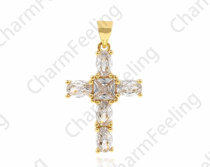 Christian Charm, 18K Gold Filled Cross Pendant, Micropavé CZ Cross Necklace, Cross Charm,Religious Charm,DIY Jewelry Accessories,30x18x4mm