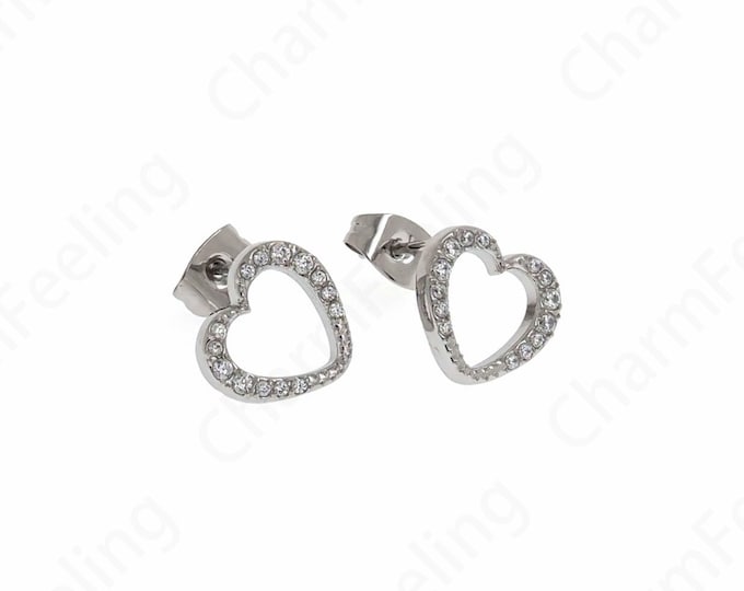 Micro pavé CZ Simple Earrings, Silver Filled Love Earrings, Stainless Steel Earrings,  Heart Earrings, DIY Jewelry Supplies,10x11x1.5mm