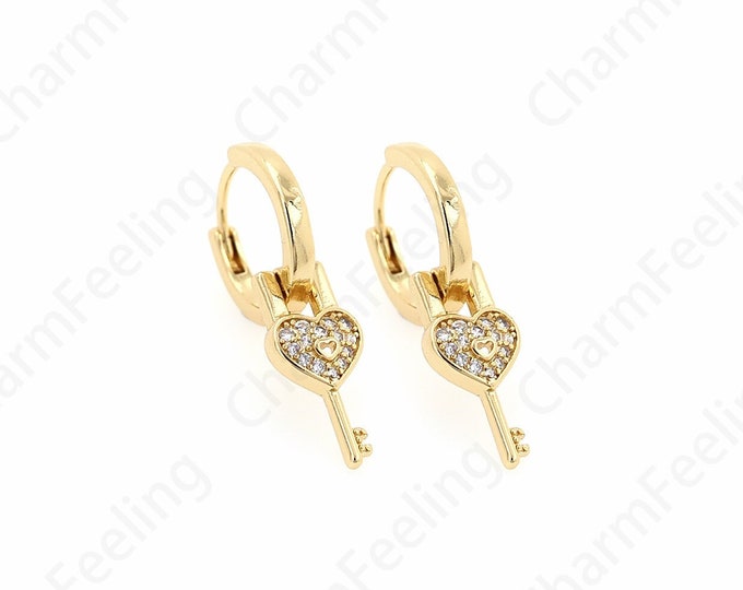 1 pair,18K Gold Filled Key Earrings,Round Earrings,Key Charm, Hug Hoop, DIY Jewelry Accessories 26.5x13.7x2mm