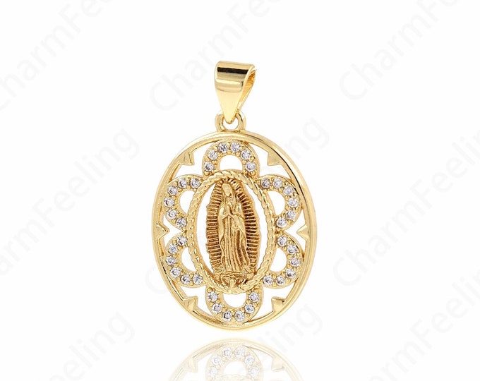 Micropavé Cubic Zircon Catholic Pendant, 18K Gold Filled Virgin Mary Pendant, Virgin Necklace, DIY Jewelry Components 26.5x16.5x2.5mm