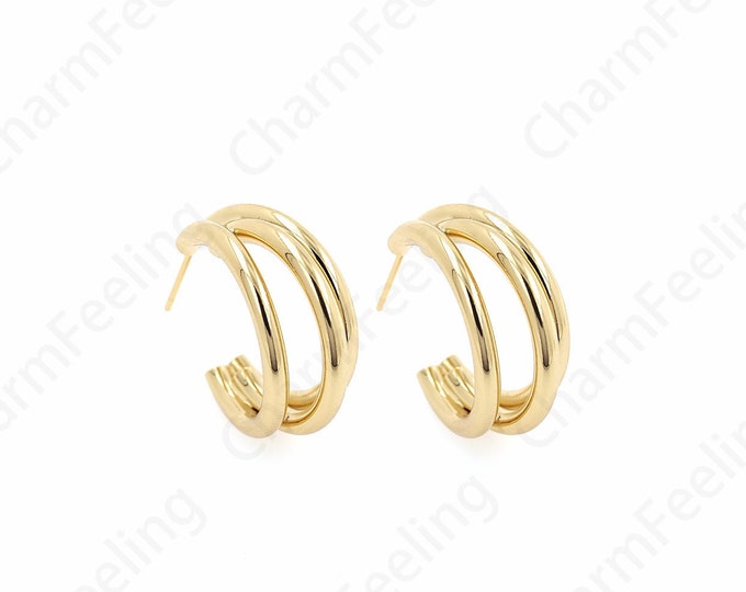 Curved Earrings,Micropavé CZ Exquisite Earrings,Rectangular Rhinestone Earrings,18K Gold Filled Moon Earrings,24.5x11mm