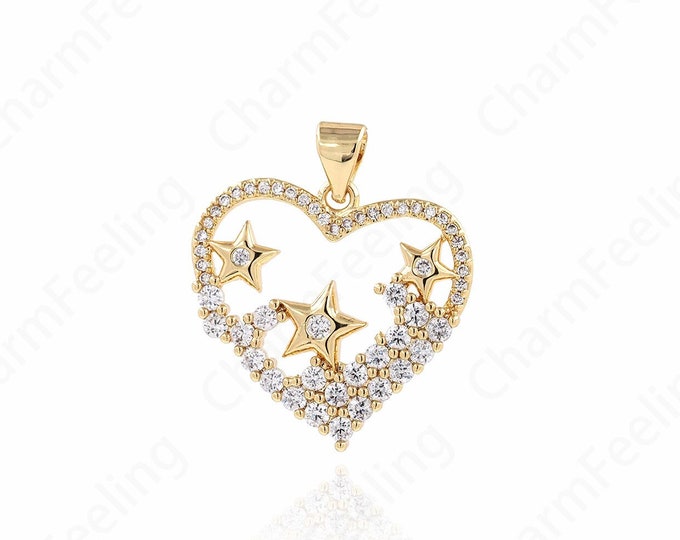 Micropavé CZ Love Charm, Heart Pendant, Pentagram Charm, 18K Gold Filled Dainty Necklace, Gift For Her, DIY Jewelry Supplies, 25.5x22x2.5mm