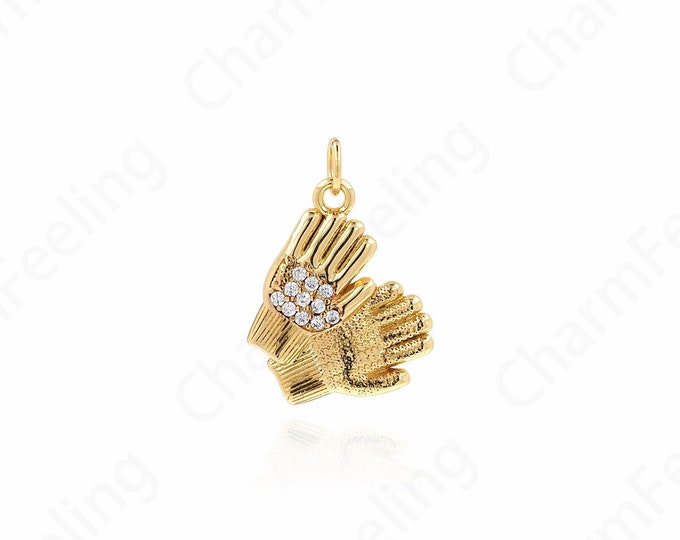 Clapping Hand Pendant, Hand Charm, 18K Gold Filled Clapping Hand Necklace, Micropavé CZ Hand Necklace, DIY Jewelry Supplies, 21.5x14x3mm