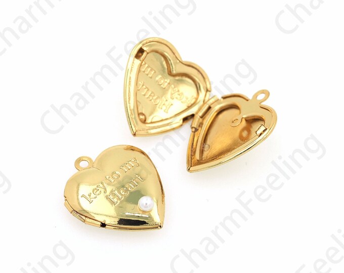 Heart Box Pendant, Pearl Pendant, Text Necklace, 18K Gold Filled Picture Frame Pendant, Pearl Charm, DIY Jewelry Supplies, 22x19x5.5mm