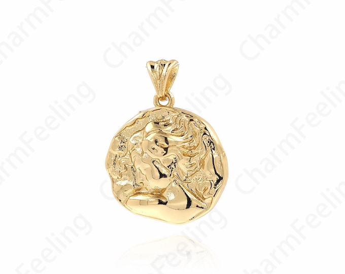 Coin Charms, Round Pendant, Micropavé CZ Round Charm, 18K Gold Filled Coin Necklace, DIY Jewelry Supplies, 24.5x19x3.5mm