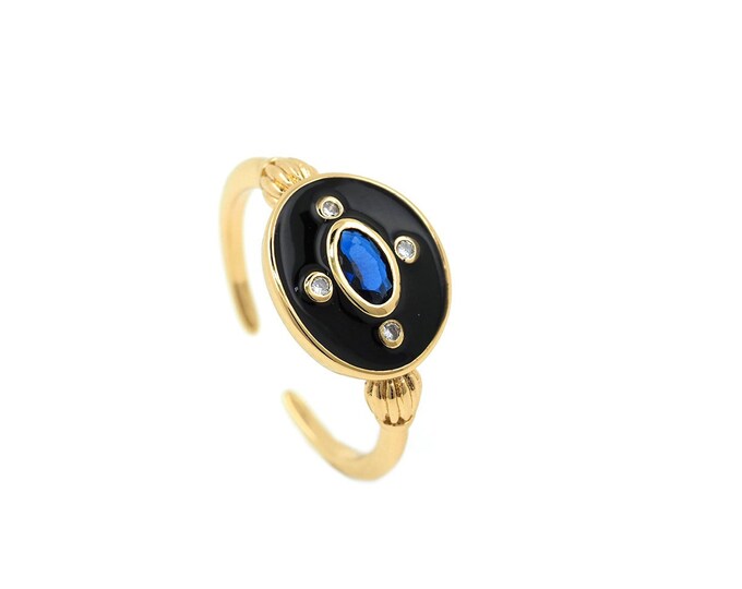 Enamel Rings, Micropavé CZ Signet Rings, 18K Gold Filled Adjustable Rings, Oval Rings, Gold Open Rings, DIY Jewelry Supplies
