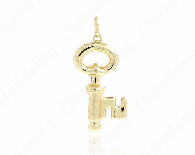 18K Gold Filled Key Necklace, Dainty Key Pendant, Micropavé CZ Key Charm, DIY Jewelry Supplies, 64x25x5mm