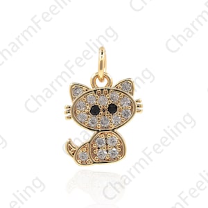 18K Gold Filled Cat Necklace, Cat Pendant, Animal Charm, Cat Charm, Micropavé CZ Cat Pendant, DIY Jewelry Accessories 16.5x11x1.8mm
