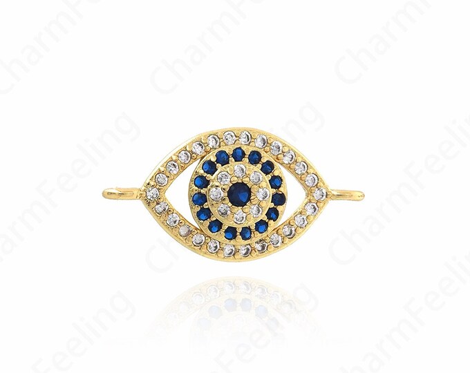 18K Gold Filled Gold Filled Eye Connector,Micropavé CZ Eye Bracelet Necklace, Blue Eye Connector, Eye Charm 20.7x10.5x3.3mm