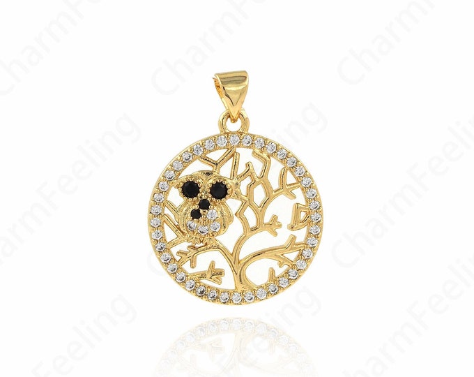 MicroPave CZ Round Pendant,18K Gold Filled Owl Charm,Animal Charm, DIY jewelry Making 27.3x20.5x3.5mm