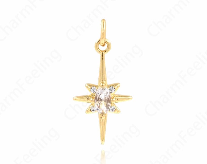 Micropavé CZ Star Charm, Polaris Charm, 18K Gold Filled Star Necklace, Starburst Charm, DIY Jewelry Accessories, 23X11X3.3mm