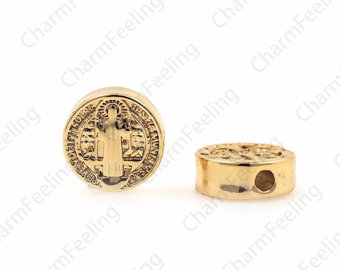 St Benedict Spacer Beads, 18K Gold Filled Catholic Round Spacer Beads, Cylindrical Beads, St Benedict Charm, Catholic Charm 10x10x3.5mm