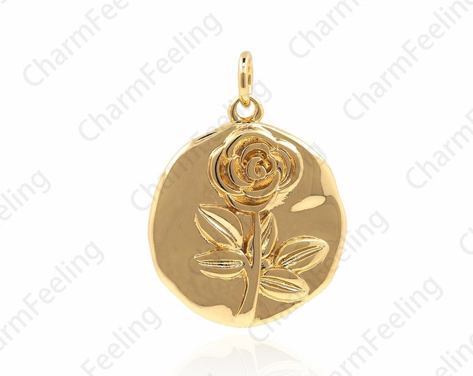 Golden Rose Pendant, 18K Gold Filled Plant Necklace, Rose Charm, Plant Pendant, Rose Necklace, Round Necklace, Round Pendant, 24.5x18x2.5mm